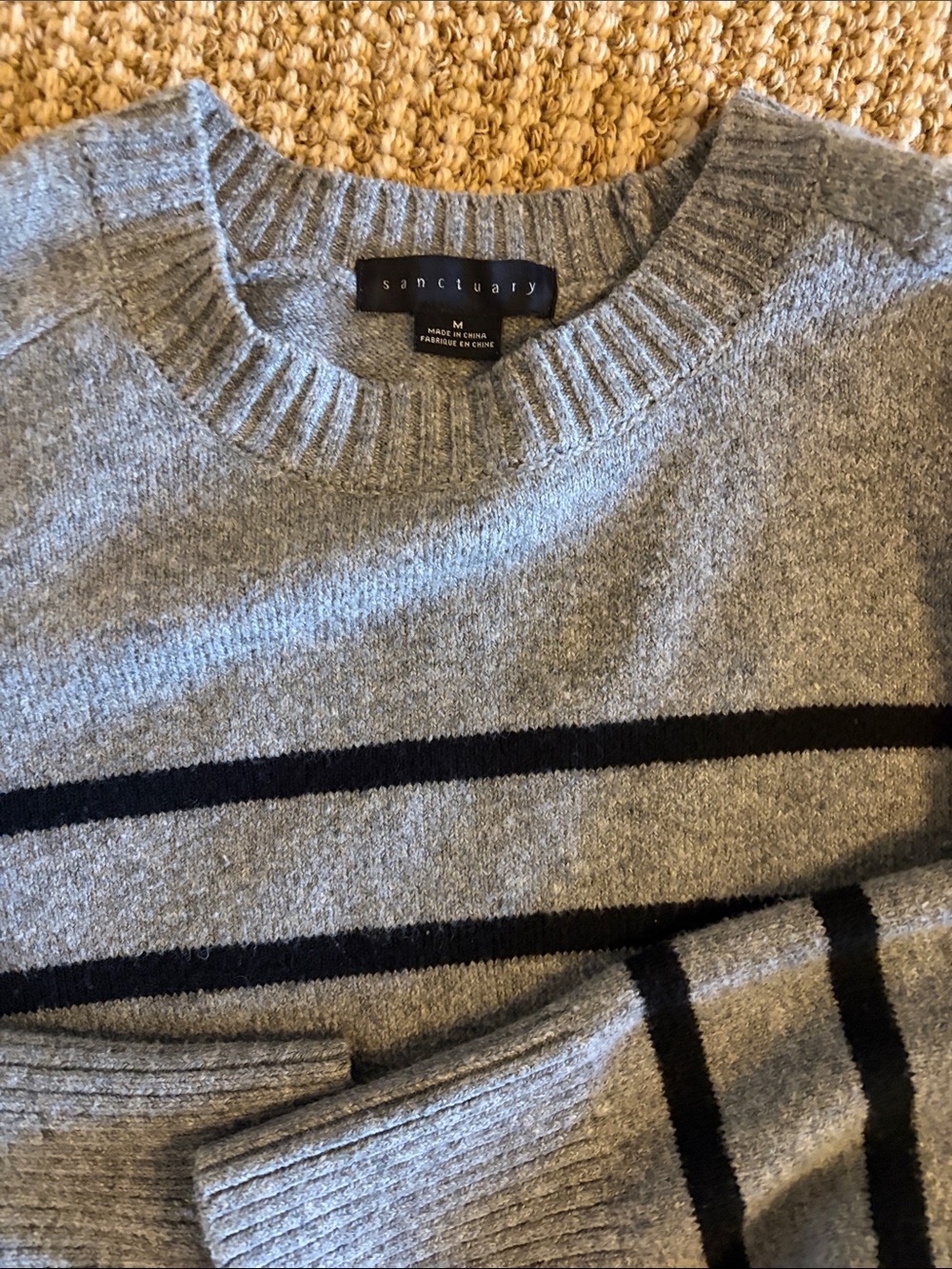 Sanctuary womens Gray Crewneck Sweater with Black Stripes
